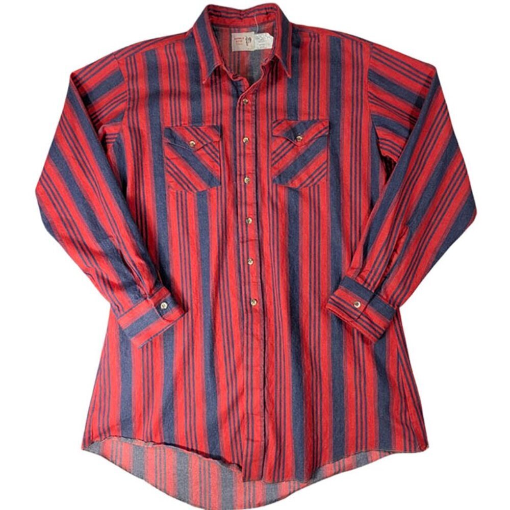 Vintage Saddle King Tall Denim Western Shirt XL 17 1/2‎ Red Rockabilly Americana